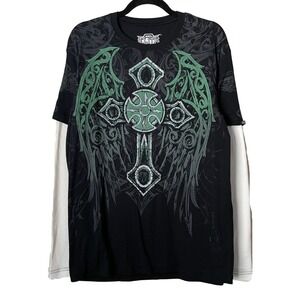 MMA Elite Shirt Mens XL Black Green Gothic Cross Wing Layered Long Sleeve Grunge